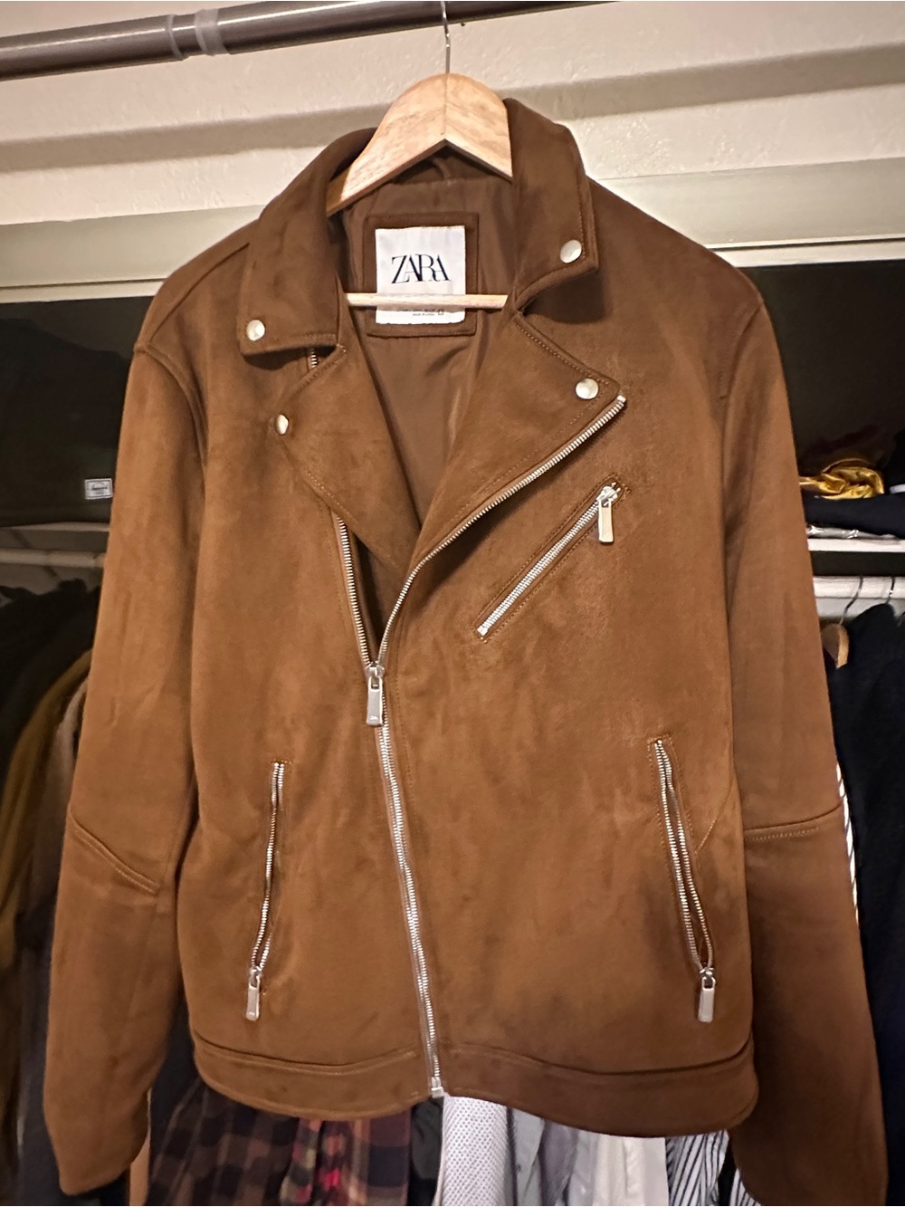 Zara Men’s Brown Suede Biker Moto Jacket Size Large Zip Motorcycle Jacket
